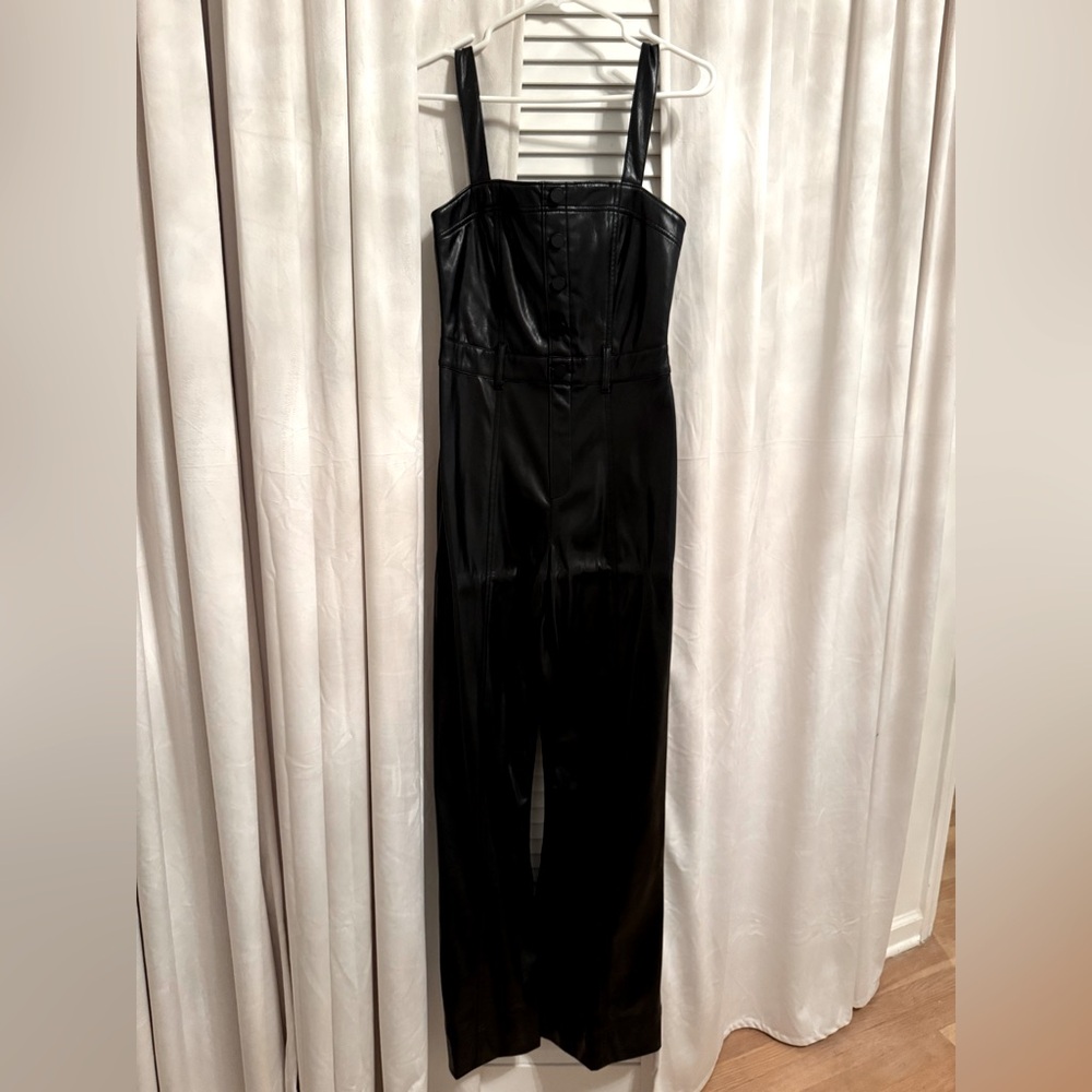 Alice and Olivia black vegan leather jumpsuit button front size 4